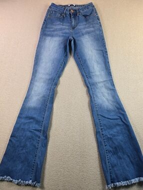 YMI Flare Jeans Womens 3/26 High Rise Stretch Raw Hem Medium Wash Flare